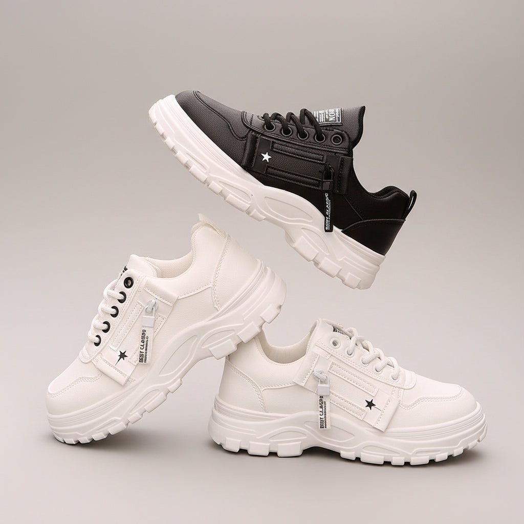 Three pairs of sneakers in black, white, and beige on a road surface.