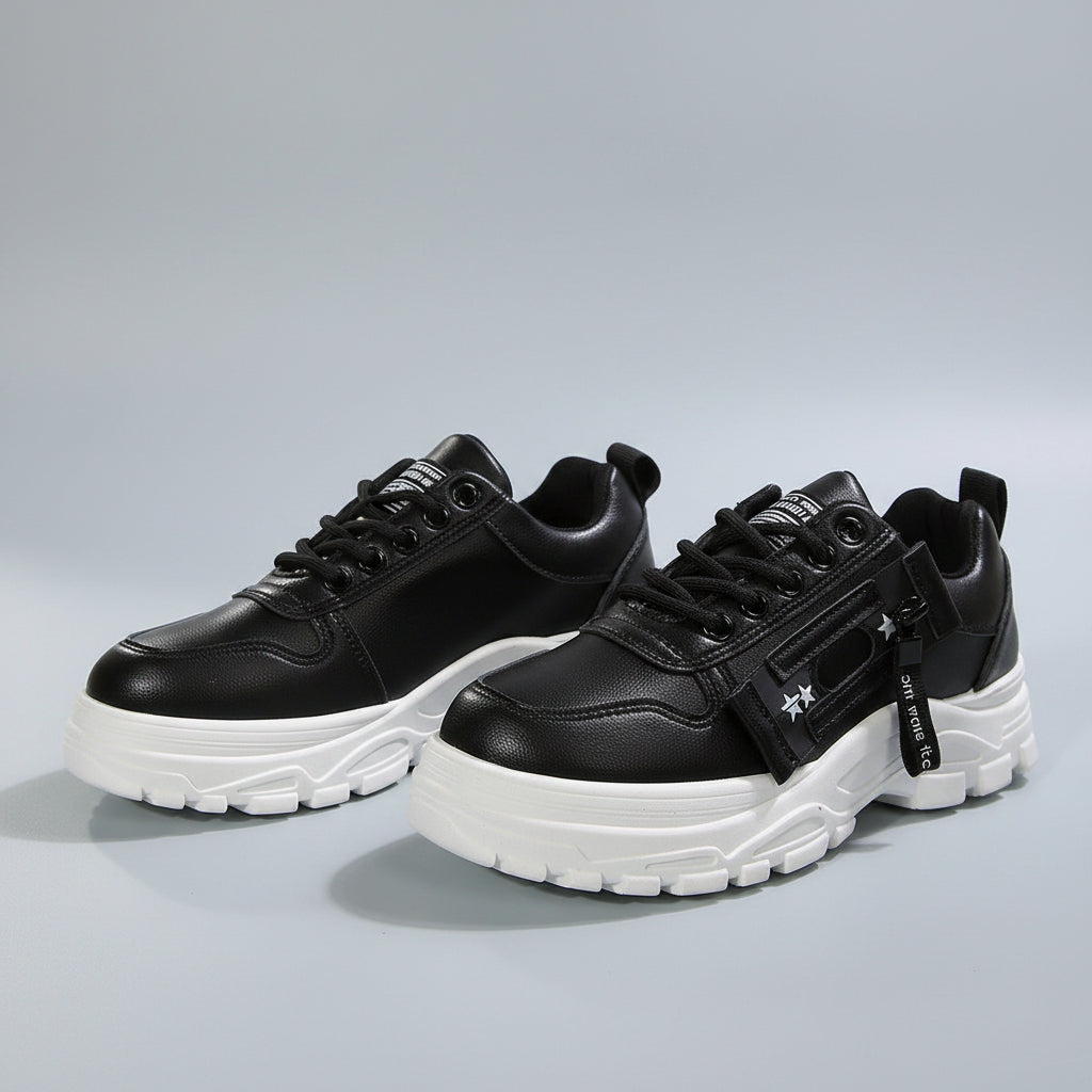Black sneakers with white soles on a light background