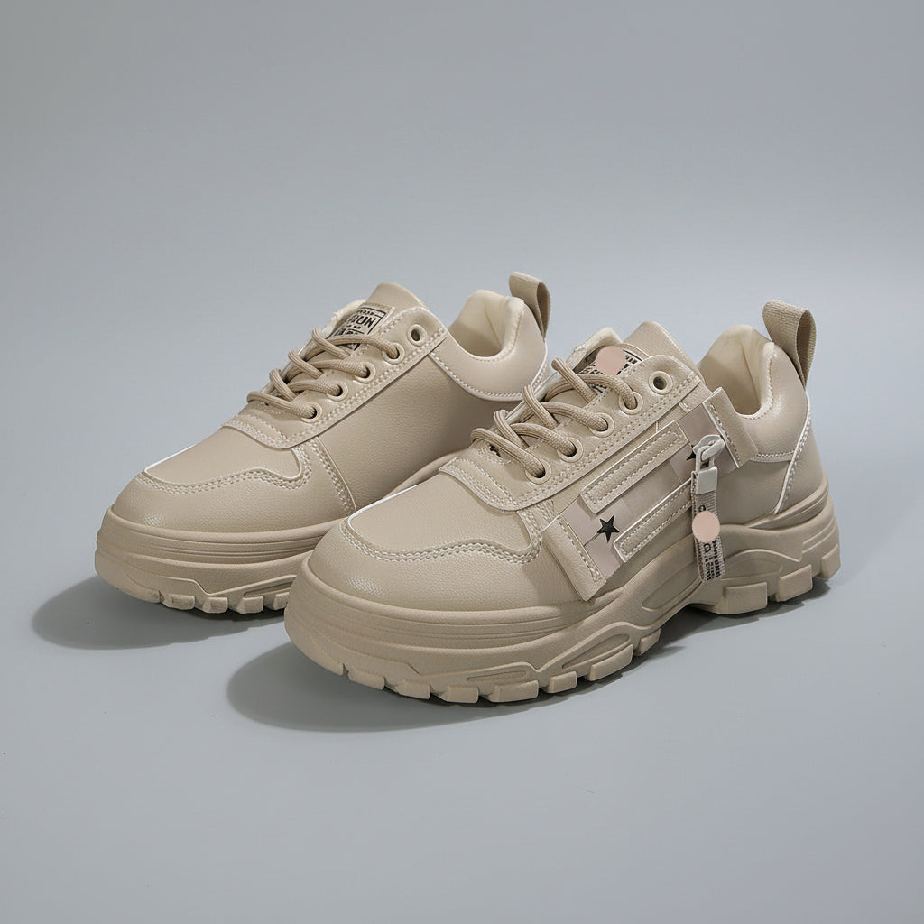Beige sneakers with brand logo on a light gray surface